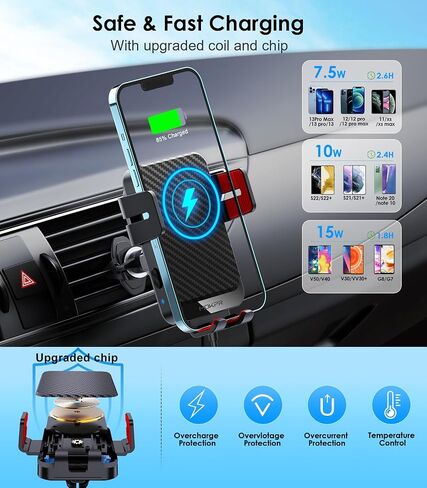Wireless Car Charger 15W Fast Charging Auto-Clamping Air Vent Phone Mount | Cell Phone Holder Car Charger Compatible with iPhone 17 16 15/14/13/13 Pro/12 pro/12, for Samsung Galaxy Series in Kuwait