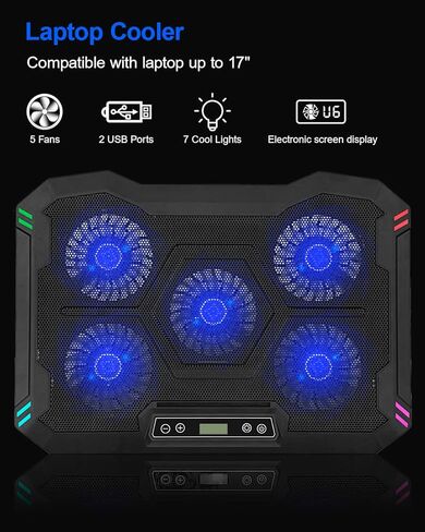 وسادة تبريد للابتوب مع 5 مراوح تبريد، وسادة تبريد مروحة لابتوب مقاس 14-17 انش، حامل تبريد لابتوب للالعاب مع 6 ارتفاعات قابلة للتعديل، وسادة تبريد نوت بوك مع منفذي USB [اصدار 2022] in Kuwait