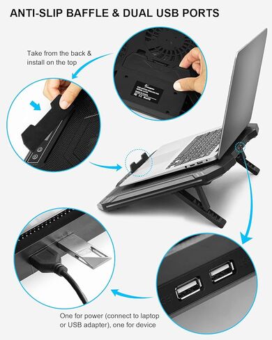 وسادة تبريد للابتوب مع 5 مراوح تبريد، وسادة تبريد مروحة لابتوب مقاس 14-17 انش، حامل تبريد لابتوب للالعاب مع 6 ارتفاعات قابلة للتعديل، وسادة تبريد نوت بوك مع منفذي USB [اصدار 2022] in Kuwait