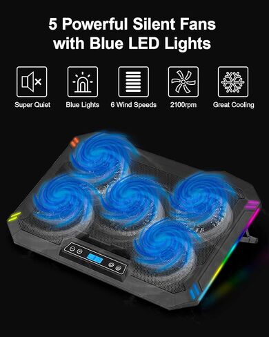 وسادة تبريد للابتوب مع 5 مراوح تبريد، وسادة تبريد مروحة لابتوب مقاس 14-17 انش، حامل تبريد لابتوب للالعاب مع 6 ارتفاعات قابلة للتعديل، وسادة تبريد نوت بوك مع منفذي USB [اصدار 2022] in Kuwait