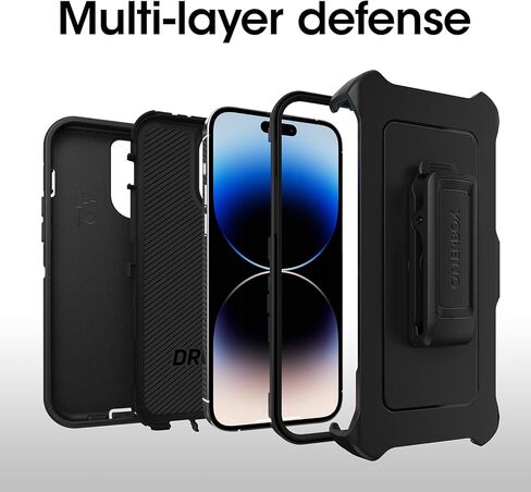 حافظة OtterBox iPhone 14 Pro Max (فقط) من سلسلة Defender - سوداء، متينة ومتينة، مع حماية للمنافذ، وتتضمن مسند بمشبك الحافظة in Kuwait