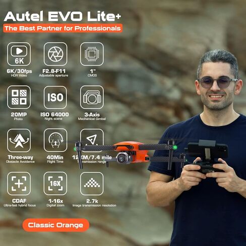 حزمة Autel Robotics EVO Lite Plus Premium، 203 أحدث طائرة بدون طيار Lite+ مع مستشعر CMOS 1 بوصة وكاميرا 6K HDR، بدون سياج جغرافي، فتحة F2.8 - F11، طائرة بدون طيار ذات محورين Gimbal Quadcopter، تجنب العوائق ثلاثية الاتجاهات، 40 دقيقة زمن الرحلة، ناقل الحرك in Kuwait