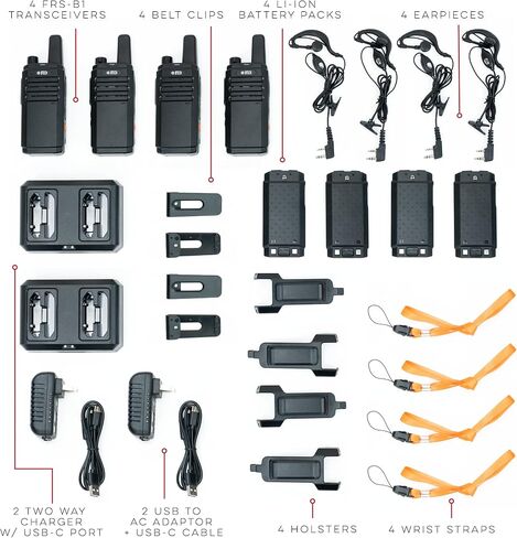 BTECH FRS-B1 Business Walkie Talkies, 8-Pack License-Free FRS Radios with USB-C Charging, 4 Dual-Slot Docks, Earpieces, Holsters, NOAA Weather, IP54 in Kuwait