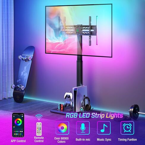 Greenstell TV Stand with Power Outlet & LED Lights, Floor TV Stand for 32-70 inch TV, Tall TV Stand with Solid Wood Base, Height Adjustable, Swivel, Holds up to 110 LBs, Max VESA 600x400mm in Kuwait