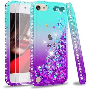 LeYi for iPod Touch 7 Case, iPod Touch 6 Case, iPod Touch 5 Case with Tempered Glass Screen Protector [2 Pack] for Girls, Glitter Liquid Clear Phone Case (Pink/Purple)
