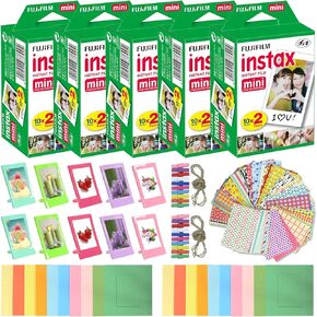 Fujifilm Instax Mini Instant Film (5 Pack, 100 Sheets) 10 Plastic Desk Frames + 20 Paper Frames Plus 60 Sticker Frames