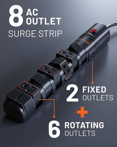 ECHOGEAR VoltSpin Surge Protector Power Strip with Rotating Outlets, Flat Plug, Long Cord, & Mounting Holes - Power Strip with Heavy Duty Surge Suppression Plus Built-in Cable Management in Kuwait