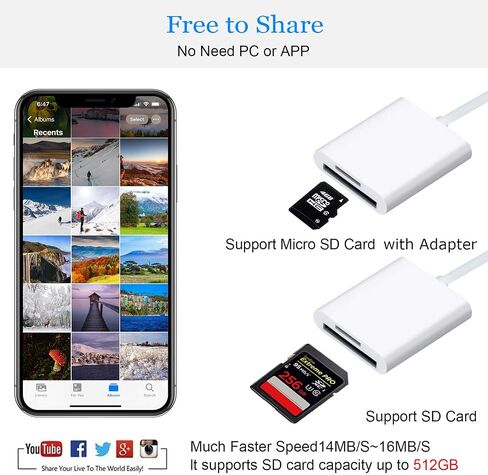 Lightning to SD Card Reader for Select iPhone, iPad and iPod Models (Support iOS 13 and Before), Trail Game Camera Viewer, No App Required (White) in Kuwait