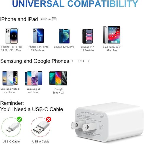 شاحن iPhone شحن سريع للغاية [معتمد من MFi] شاحن iPad 20W PD USB C شاحن حائط 2 حزمة كابل شحن سريع 6FT متوافق مع iPhone14/14 Pro Max/13/13Pro/12/12 Pro/11/11Pro/XS، iPad in Kuwait