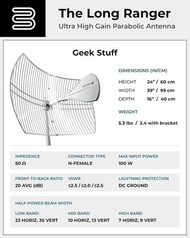 Bolton Long Ranger | New Parabolic Antenna - up to 20 Miles Range | High gain Cellular/WiFi Antenna up to +28 dB | All Cell Bands LTE,4G,5G,3G, WiFi 2.6/5 GHz WiFi 6 (Renewed) in Saudi Arabia