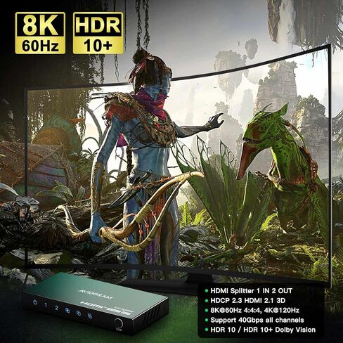 HDMI Splitter 1 in 2 Out 8K 60Hz 4:4:4, AVIDGRAM 2 Port Splitter with Auto, Copy, Downscaler EDID Mode, 4K 120Hz HDMI Duplicator, Compatible with Xbox Series X, PS4 Pro, PS5, Blu-ray Player in Saudi Arabia