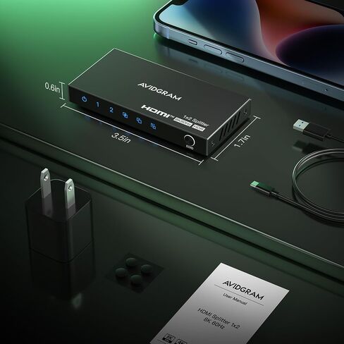 HDMI Splitter 1 in 2 Out 8K 60Hz 4:4:4, AVIDGRAM 2 Port Splitter with Auto, Copy, Downscaler EDID Mode, 4K 120Hz HDMI Duplicator, Compatible with Xbox Series X, PS4 Pro, PS5, Blu-ray Player in Saudi Arabia