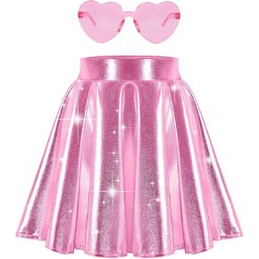 eccbox Girls Metallic Skirt Sparkle Shiny Dance Disco Flared Pleated A-Line Mini Skater Skirts with Sunglasses in Saudi Arabia