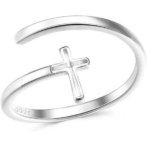 MUSECLOUD 925 Sterling Silver Cross Ring for Women Dainty Open Christian Ring Birthday Christmas Religious Jewelry Gift Simple CZ Sideways Cross Adjustable Ring in Kuwait