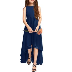 Galawaqe Girls Semi Formal Dress Kids Cute A-Line Crewneck Long Chiffon Wedding Prom Party Gowns
