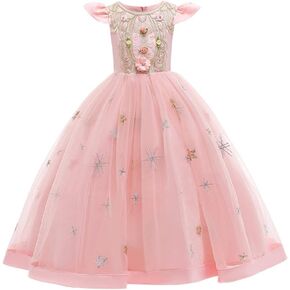 Girls Embroidery Flower Lace Long A Line Pageant Dress Floor Length Princess Prom Tulle Maxi Gown for Wedding Party Birthday