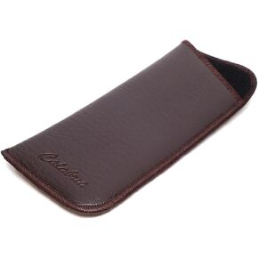 Calabria Slip-In Eye Glasses Case w/Plastic Pocket Clip Faux Leather Felt Brown Men Women Eyeglass Pouch Sunglasses Holder