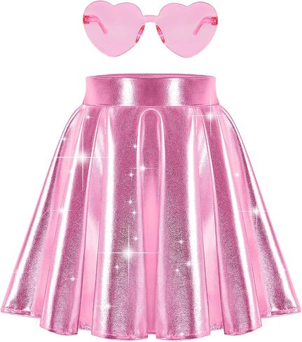 eccbox Girls Metallic Skirt Sparkle Shiny Dance Disco Flared Pleated A-Line Mini Skater Skirts with Sunglasses in Kuwait