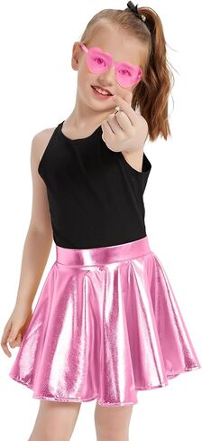 eccbox Girls Metallic Skirt Sparkle Shiny Dance Disco Flared Pleated A-Line Mini Skater Skirts with Sunglasses in Kuwait