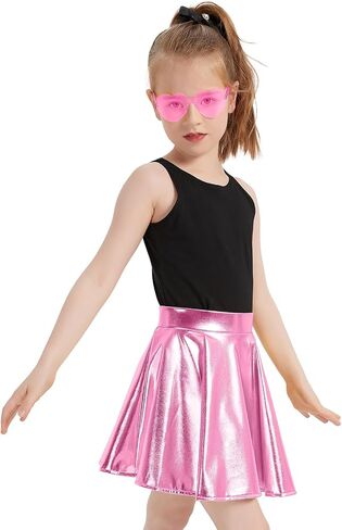 eccbox Girls Metallic Skirt Sparkle Shiny Dance Disco Flared Pleated A-Line Mini Skater Skirts with Sunglasses in Kuwait