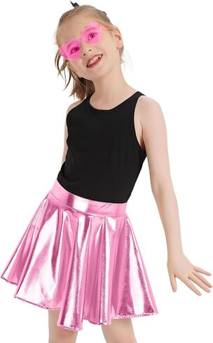 eccbox Girls Metallic Skirt Sparkle Shiny Dance Disco Flared Pleated A-Line Mini Skater Skirts with Sunglasses in Kuwait