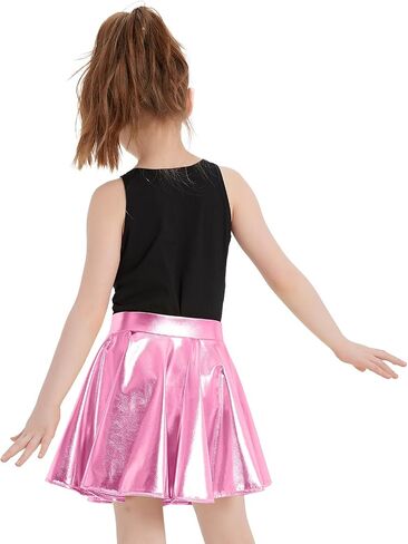eccbox Girls Metallic Skirt Sparkle Shiny Dance Disco Flared Pleated A-Line Mini Skater Skirts with Sunglasses in Kuwait