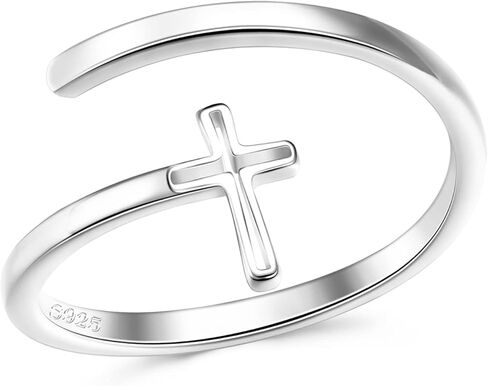MUSECLOUD 925 Sterling Silver Cross Ring for Women Dainty Open Christian Ring Birthday Christmas Religious Jewelry Gift Simple CZ Sideways Cross Adjustable Ring in Kuwait