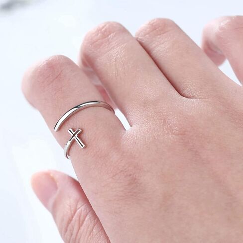 MUSECLOUD 925 Sterling Silver Cross Ring for Women Dainty Open Christian Ring Birthday Christmas Religious Jewelry Gift Simple CZ Sideways Cross Adjustable Ring in Kuwait