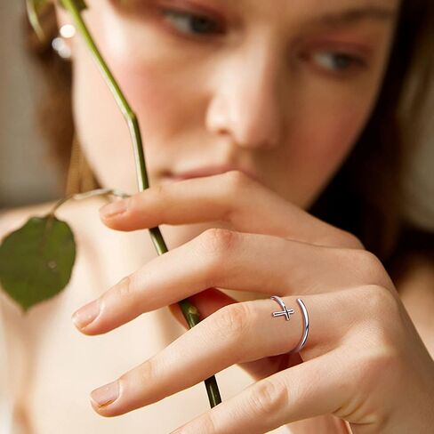 MUSECLOUD 925 Sterling Silver Cross Ring for Women Dainty Open Christian Ring Birthday Christmas Religious Jewelry Gift Simple CZ Sideways Cross Adjustable Ring in Kuwait