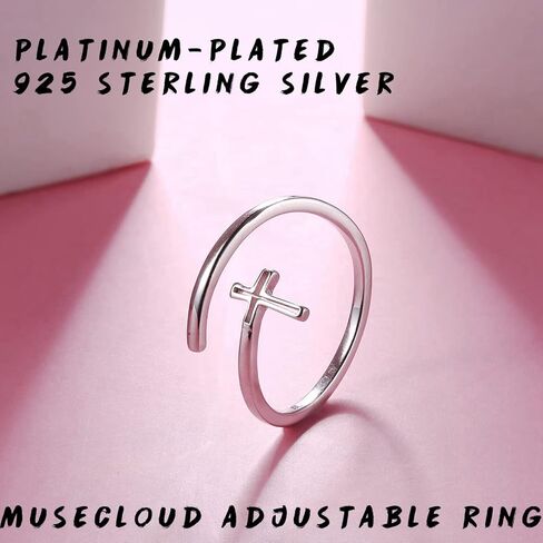 MUSECLOUD 925 Sterling Silver Cross Ring for Women Dainty Open Christian Ring Birthday Christmas Religious Jewelry Gift Simple CZ Sideways Cross Adjustable Ring in Kuwait