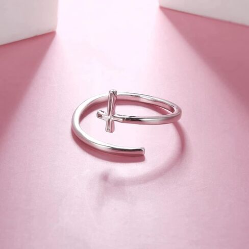 MUSECLOUD 925 Sterling Silver Cross Ring for Women Dainty Open Christian Ring Birthday Christmas Religious Jewelry Gift Simple CZ Sideways Cross Adjustable Ring in Kuwait