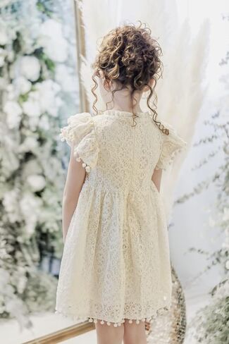 2Bunnies Girl Baby Toddler Vintage Lace Pom Pom Flutter Sleeve Easter Birthday Outfit Dress in Saudi Arabia