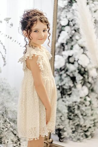 2Bunnies Girl Baby Toddler Vintage Lace Pom Pom Flutter Sleeve Easter Birthday Outfit Dress in Saudi Arabia