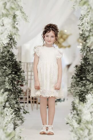 2Bunnies Girl Baby Toddler Vintage Lace Pom Pom Flutter Sleeve Easter Birthday Outfit Dress in Saudi Arabia