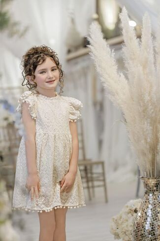 2Bunnies Girl Baby Toddler Vintage Lace Pom Pom Flutter Sleeve Easter Birthday Outfit Dress in Saudi Arabia