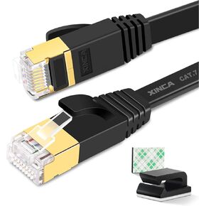 XINCA Cat 7 Flat Ethernet Cable 25ft White,High Speed 10GB Shielded (STP) LAN Internet Network Cable Ethernet Patch Computer Cable with Rj45 Connectors and 10pcs Adhesive Cable Clips