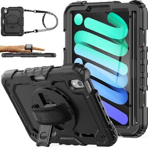 SEYMAC stock Case for iPad Mini 6 8.3'' 2021 with Screen Protector Pencil Holder [360 Rotating Hand Strap] &Stand, Drop-Proof Case for iPad Mini 6th Generation 8.3", Black