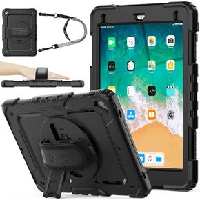 حافظة iPad الجيل السادس/الخامس مقاس 9.7 بوصة مع واقي شاشة وحامل قلم رصاص [حزام يد دوار 360 درجة] وحامل، حافظة SEYMAC مقاومة للسقوط لجهاز iPad 6th/5th/ Air 2/ Pro 9.7 (أسود)