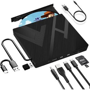 NEVVIS 【8 in 1】 External CD/DVD Drive for Laptop USB 3.0 Type-C Portable CD/DVD +/-RW Burner Writer Player with SD/TF Card Slots Compatible for Desktop PC Mac OS MacBook Windows Linux