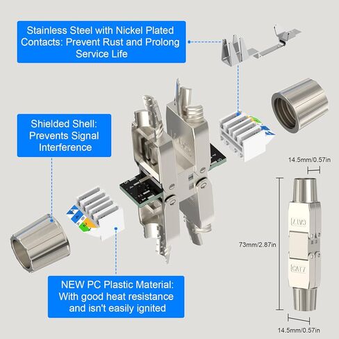VCELINK Tool-Free RJ45 Coupler Shielded, Tool Less Ethernet Cable Extender PoE+ for Cat7/Cat6a/Cat6 Network Cables 2 Pack, Silver in Saudi Arabia