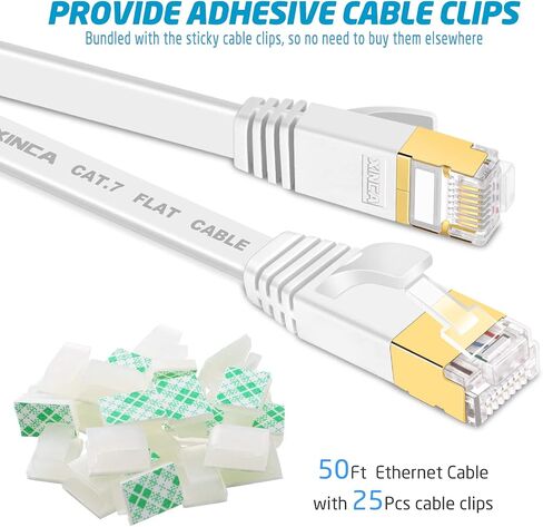 Cat 7 Flat Ethernet Cable 50ft White, High Speed 10GB Shielded (STP) LAN Internet Network Cable Ethernet Patch Computer Cable with Rj45 Connectors and 25pcs Adhesive Cable Clips in Kuwait
