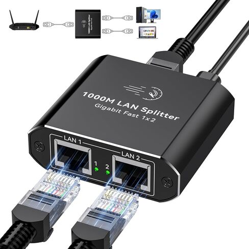 1000mbps Ethernet Splitter 1 to 2 High Speed RJ45 Dual Internet Port Splitter 1 in 2 Out LAN Splitter Adapter Support 2 Devices Simultaneous Networking Worked with Cat6/7/8 Cables in Kuwait