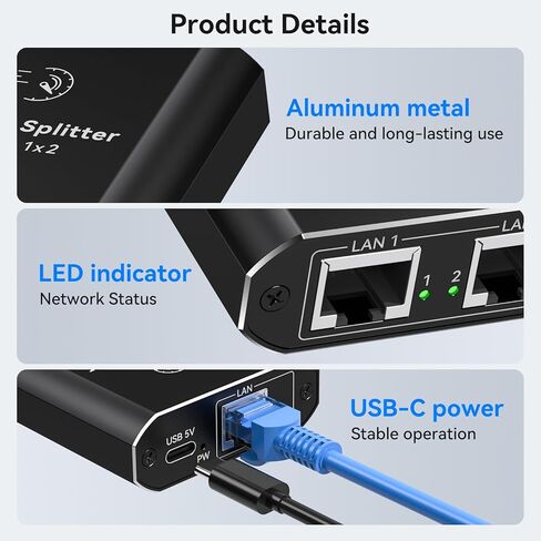 1000mbps Ethernet Splitter 1 to 2 High Speed RJ45 Dual Internet Port Splitter 1 in 2 Out LAN Splitter Adapter Support 2 Devices Simultaneous Networking Worked with Cat6/7/8 Cables in Kuwait