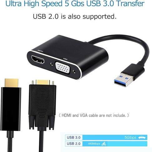 USB to HDMI VGA Adapter, USB 3.0 to HDMI Converter 1080P HDMI and VGA Sync Output Support Windows 10/8/7 Only （Black） in Kuwait