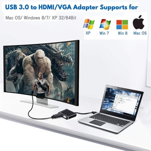 USB to HDMI VGA Adapter, USB 3.0 to HDMI Converter 1080P HDMI and VGA Sync Output Support Windows 10/8/7 Only （Black） in Kuwait
