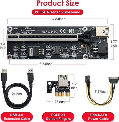 بطاقة PCIE Riser ذات 8 مكثفات، بطاقة موسع GPU لتعدين Bitcoin Litecoin ETH Ethereum، مع كابل تمديد USB 3.0 بطول 60 سم وكابل طاقة SATA 6PIN (6 حزم) in Kuwait
