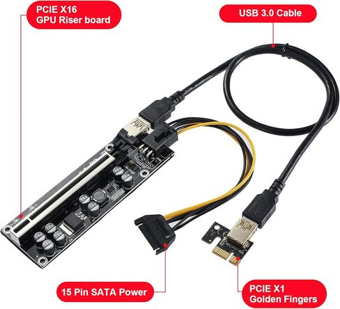 بطاقة PCIE Riser ذات 8 مكثفات، بطاقة موسع GPU لتعدين Bitcoin Litecoin ETH Ethereum، مع كابل تمديد USB 3.0 بطول 60 سم وكابل طاقة SATA 6PIN (6 حزم) in Kuwait