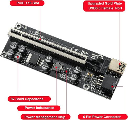 بطاقة PCIE Riser ذات 8 مكثفات، بطاقة موسع GPU لتعدين Bitcoin Litecoin ETH Ethereum، مع كابل تمديد USB 3.0 بطول 60 سم وكابل طاقة SATA 6PIN (6 حزم) in Kuwait