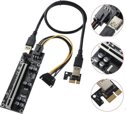 بطاقة PCIE Riser ذات 8 مكثفات، بطاقة موسع GPU لتعدين Bitcoin Litecoin ETH Ethereum، مع كابل تمديد USB 3.0 بطول 60 سم وكابل طاقة SATA 6PIN (6 حزم) in Kuwait