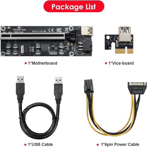 بطاقة PCIE Riser ذات 8 مكثفات، بطاقة موسع GPU لتعدين Bitcoin Litecoin ETH Ethereum، مع كابل تمديد USB 3.0 بطول 60 سم وكابل طاقة SATA 6PIN (6 حزم) in Kuwait